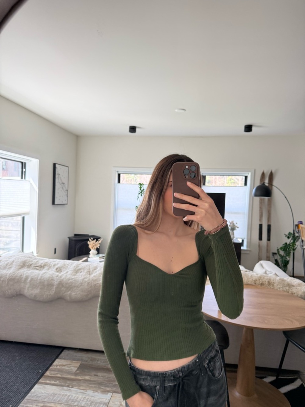 Reformation Olive Green Ribbed Sweetheart Long-Sleeve Top